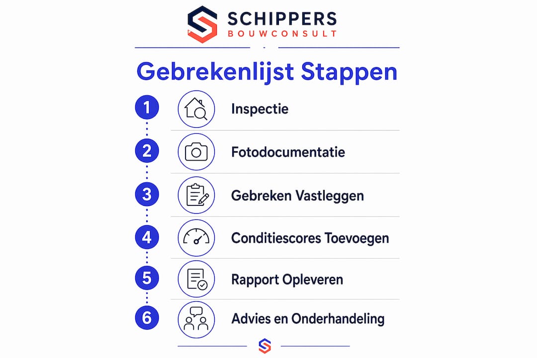 Infographic: Stappenplan voor het opstellen van een gebrekenlijst bij een woninginspectie