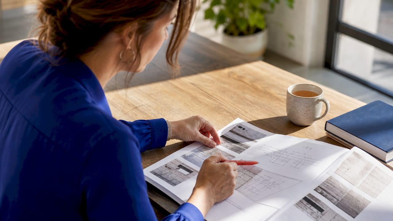 Detailopname van een bouwkundig expert die zorgvuldig het hersteladvies doorneemt