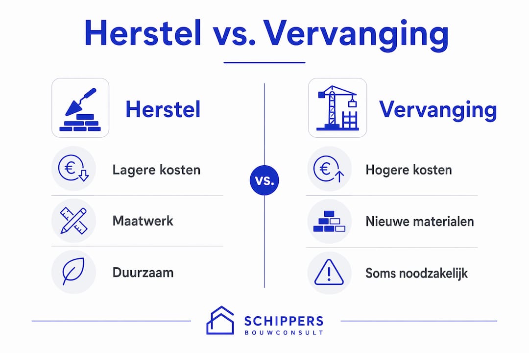 Infographic: herstel versus vervanging bij woningrenovatie – wat zijn de verschillen en wanneer kies je voor welke aanpak?