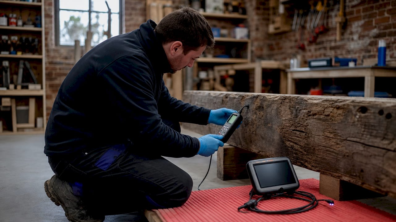 Een specialist meet het vochtgehalte met professionele meetapparatuur.