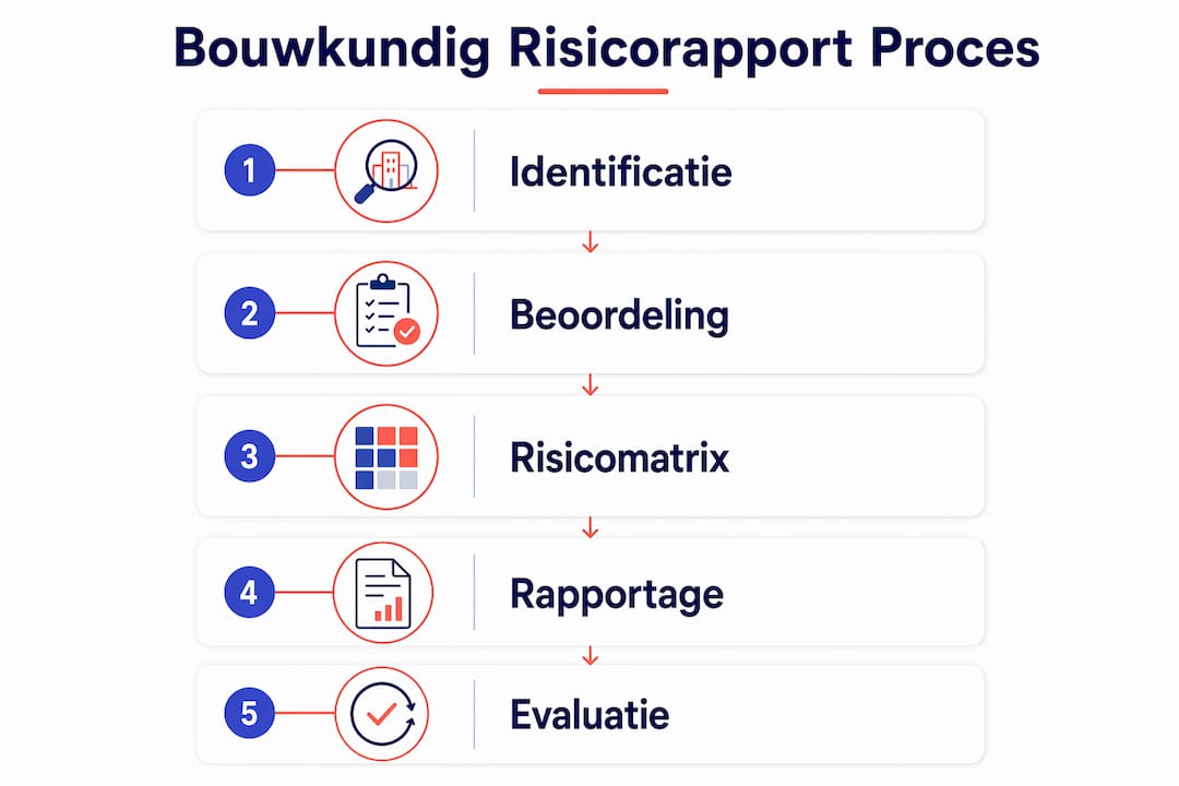 Visual overzicht van het stappenplan voor het opstellen van een bouwkundig risicorapport