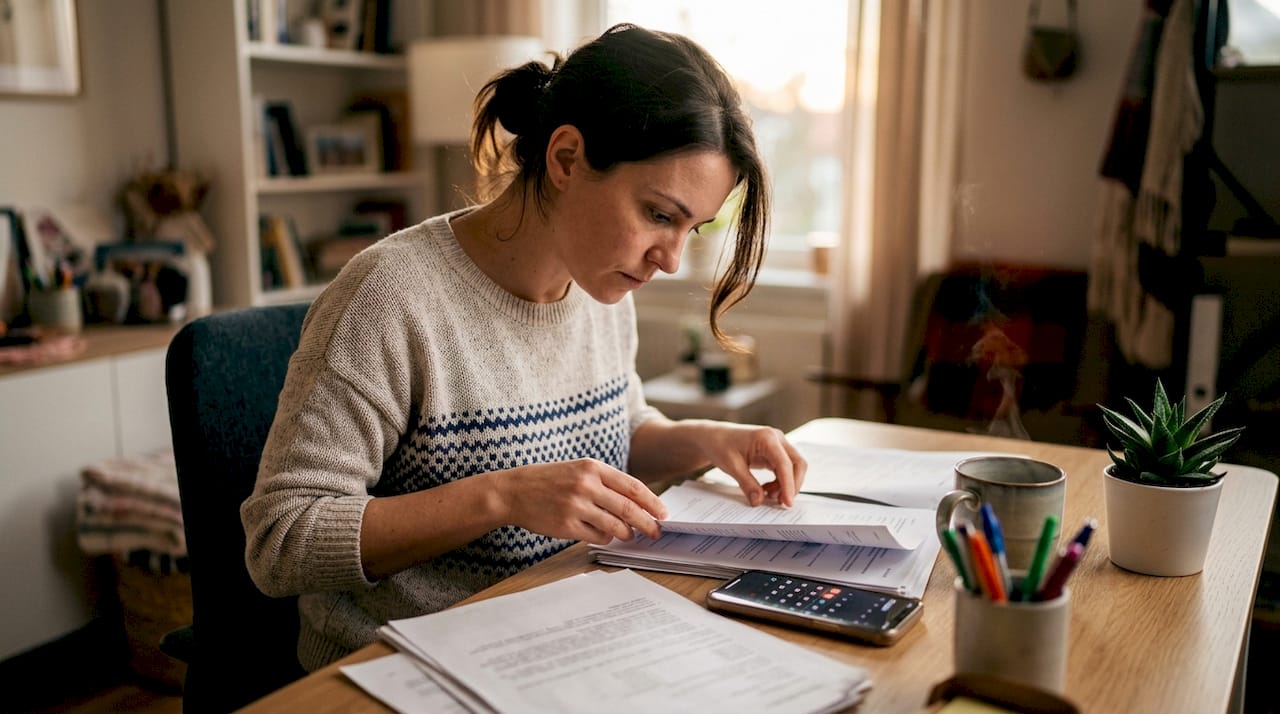 Een vrouw zit aan de eettafel papieren door te nemen en alles in orde te maken.