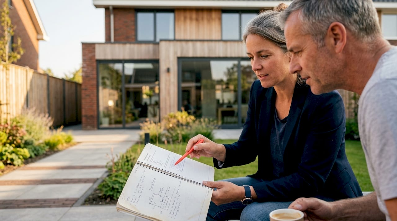 De bouwadviseur en de eigenaar nemen het rapport samen door buiten op locatie.