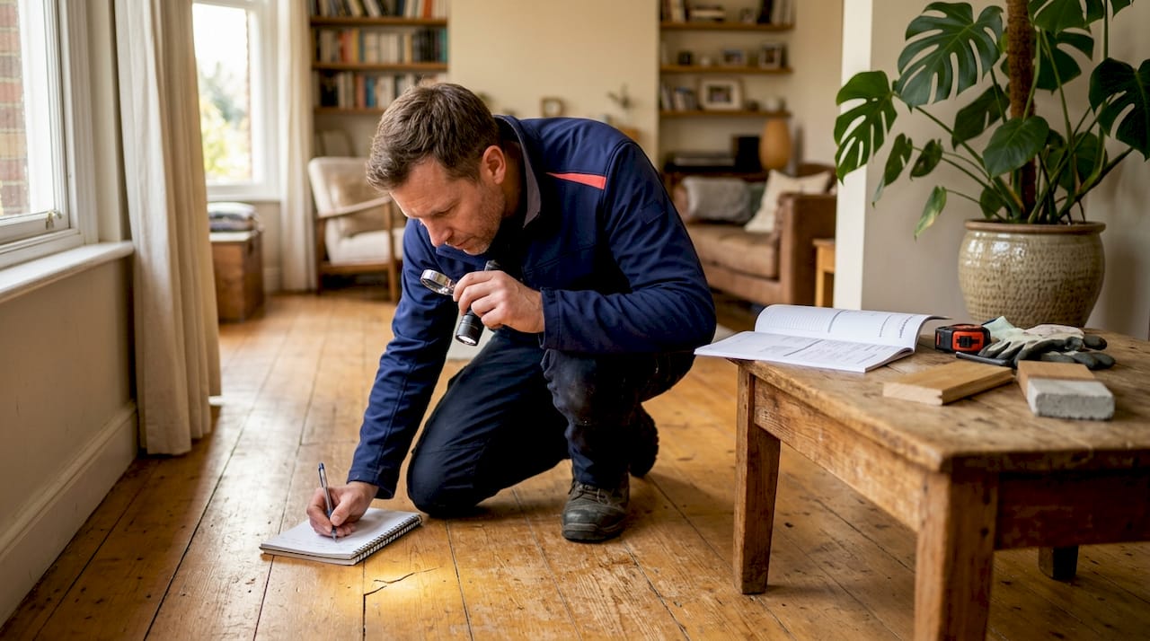 Detailopname van handen die zorgvuldig woningschade controleren