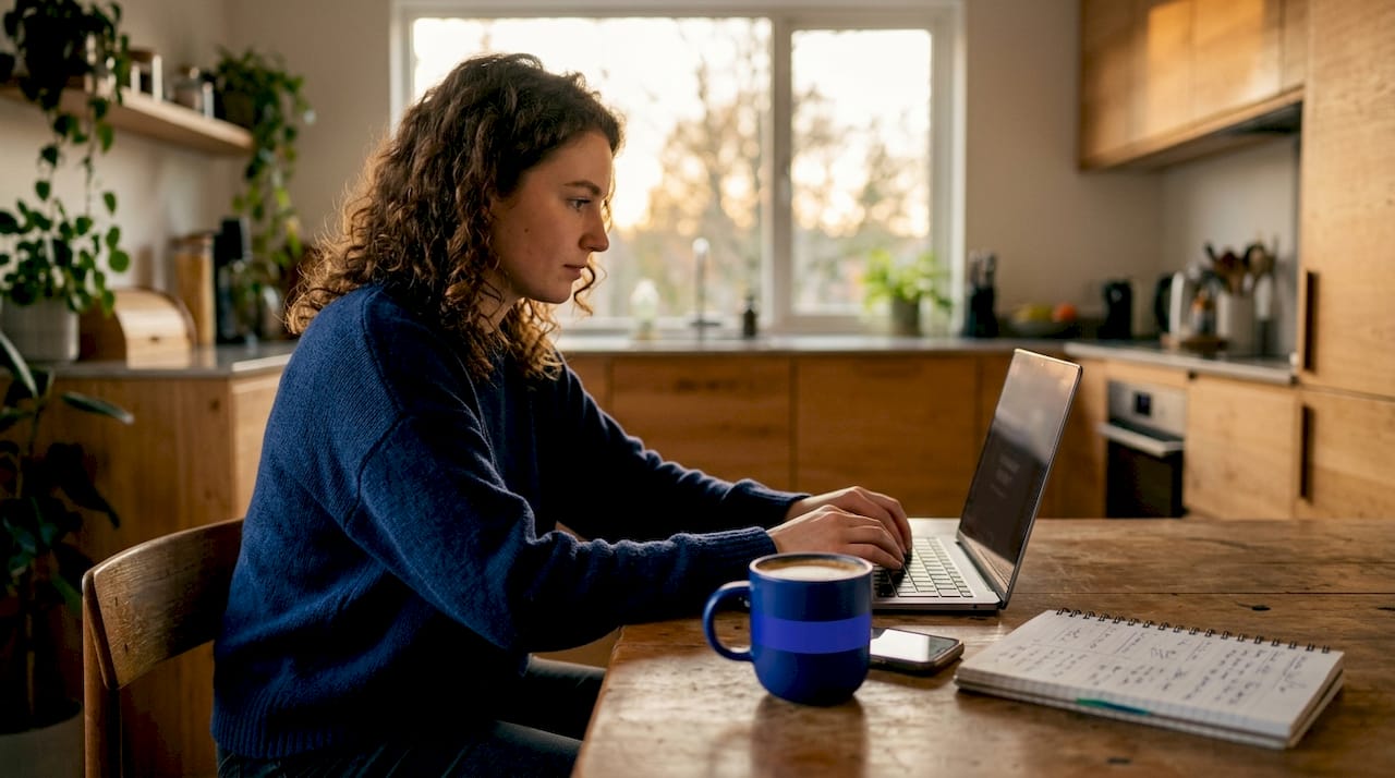 Een vrouw zit in een koffietentje terwijl ze een e-mail opstelt om te onderhandelen.