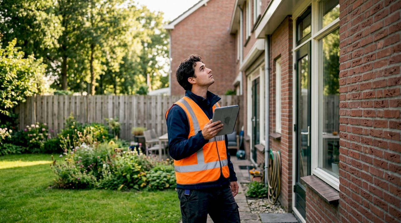 Een inspecteur bekijkt de buitenkant van de woning voor NHG-keuring.