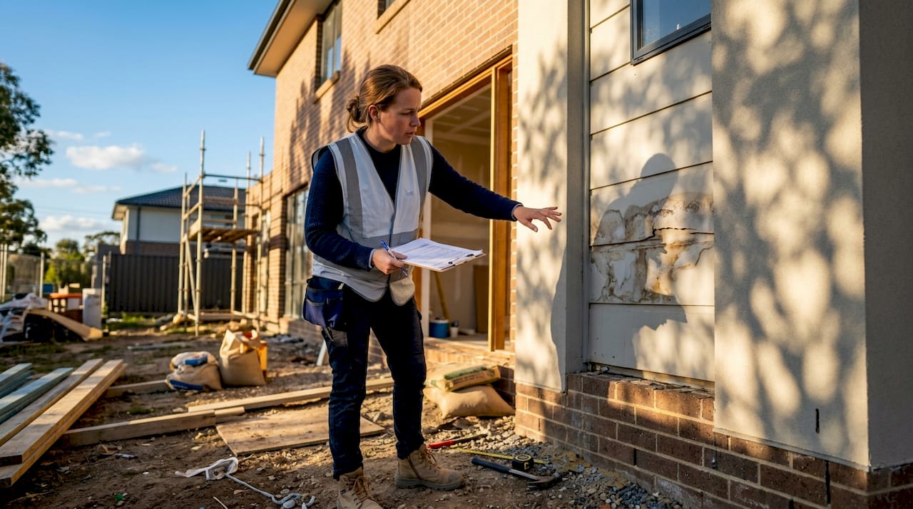 Een bouwkundig expert onderzoekt vochtschade in huis.