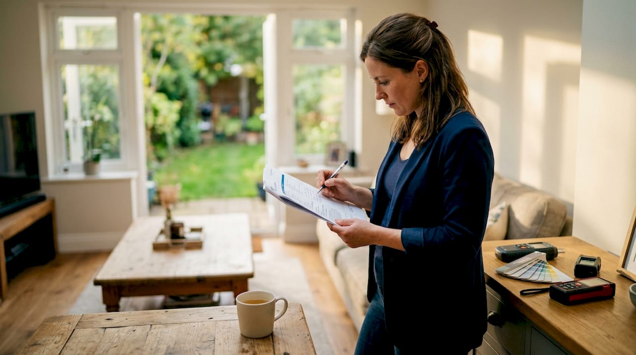 Een vrouw buigt zich aan de keukentafel over het bouwkundige rapport en bestudeert de bevindingen nauwkeurig.