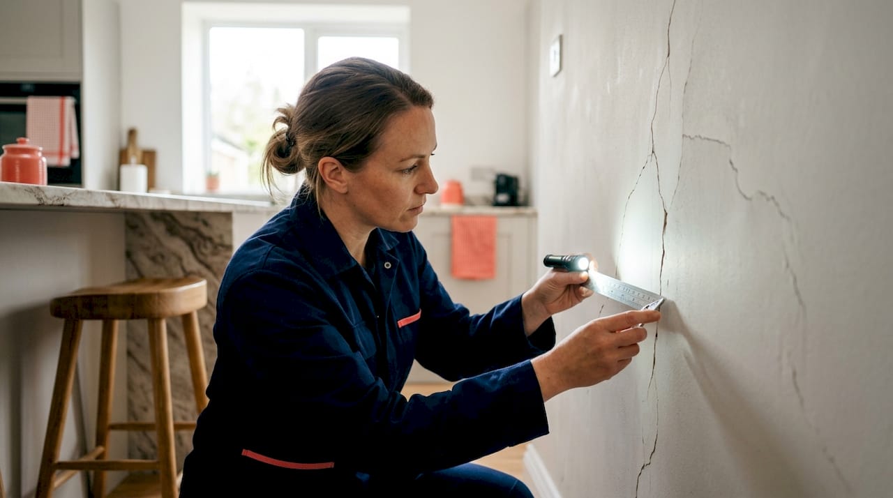 Een bouwkundige bekijkt de scheuren in het huis om de oorzaak te achterhalen.