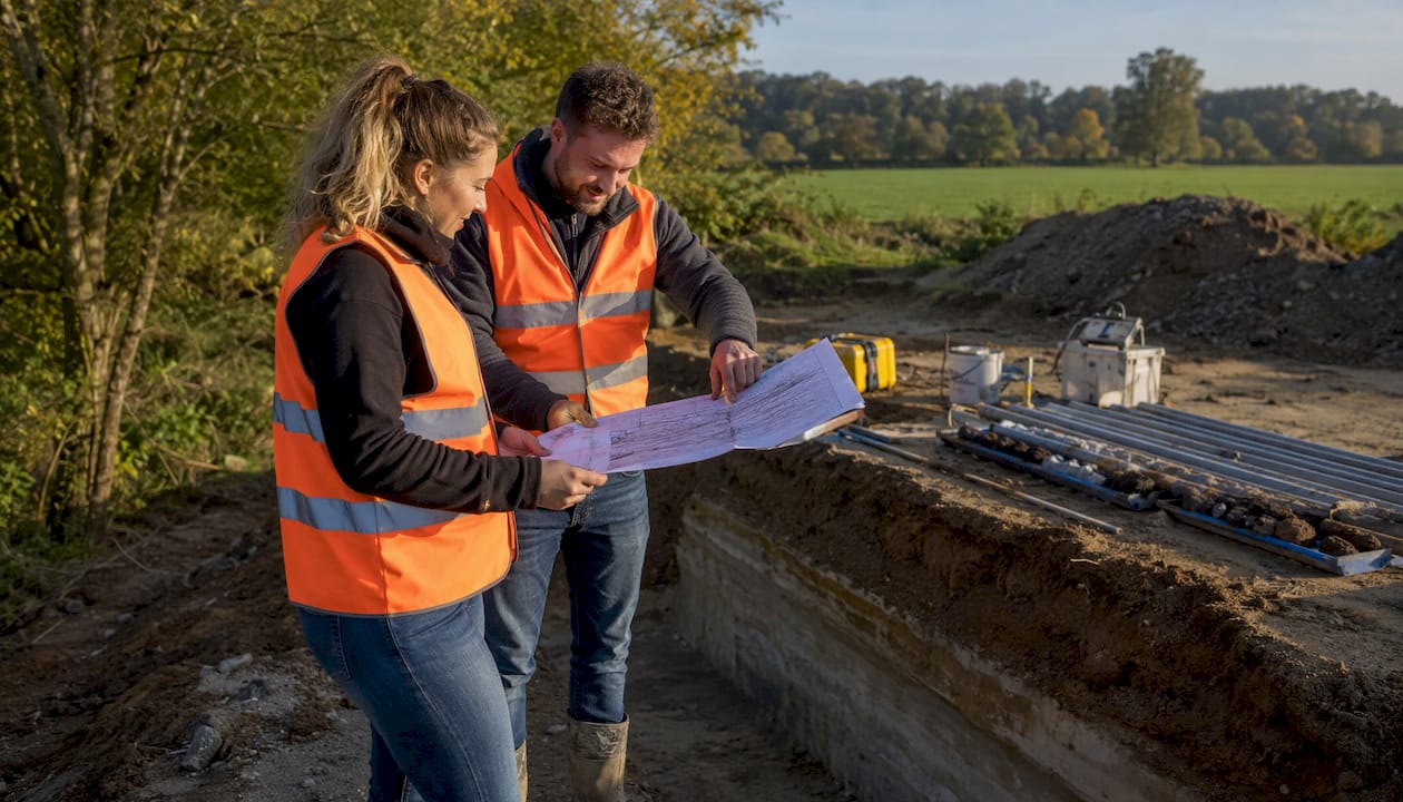 Twee experts overleggen buiten over het uitvoeren van een funderingsonderzoek.