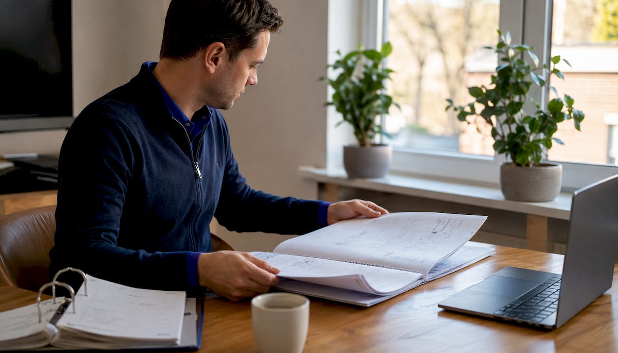 De keurmeester werkt op kantoor aan het opstellen van het bouwkundig rapport.