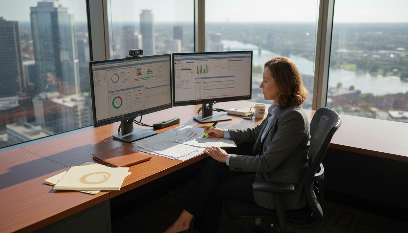 Compliance officer reviewing dashboard in corner office