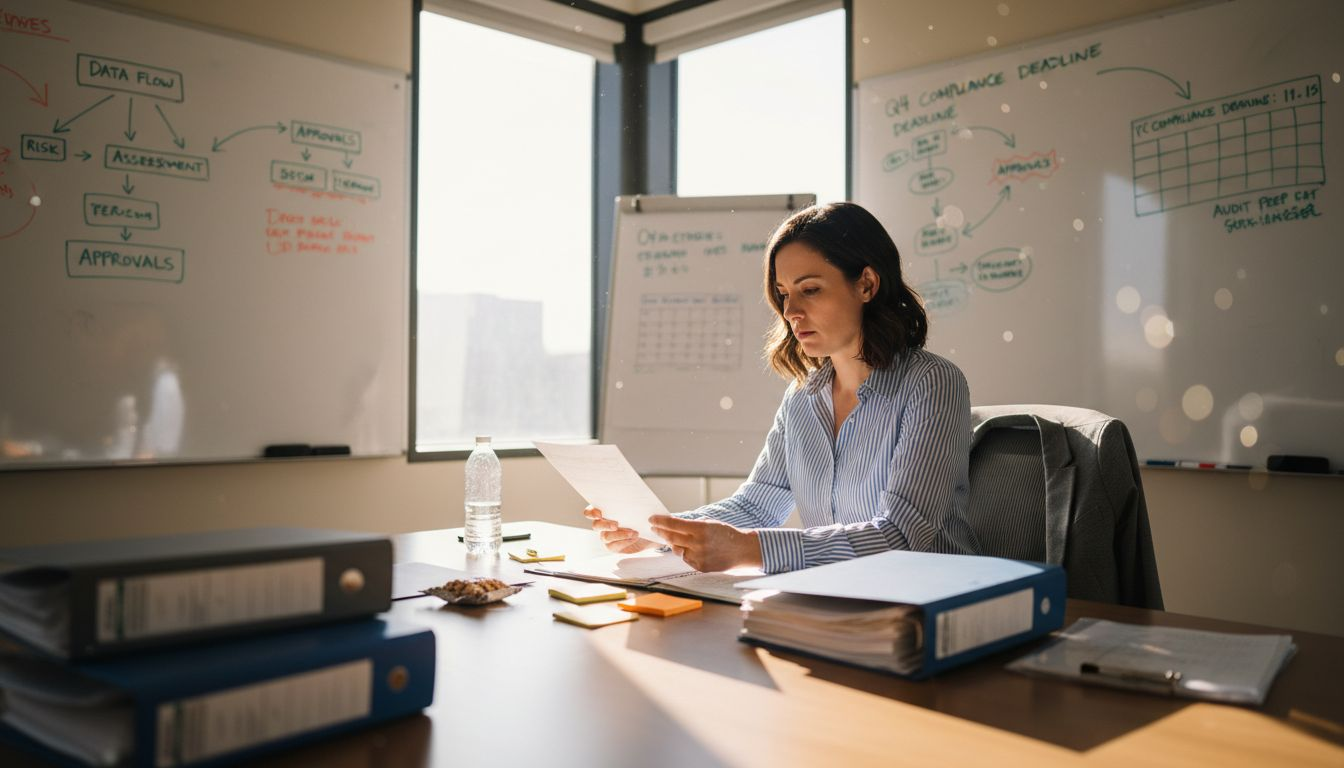 Compliance manager reviewing checklist in busy office