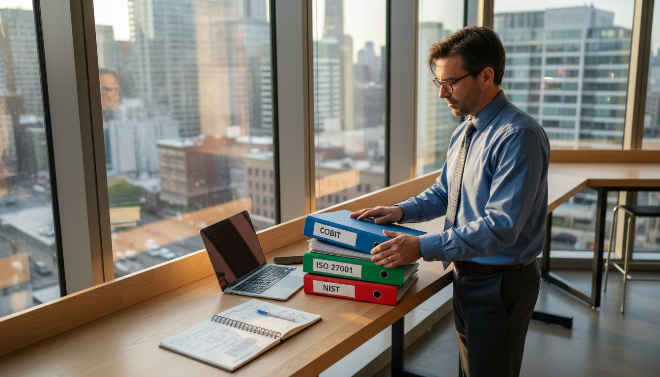 Officer sorting compliance framework binders at table