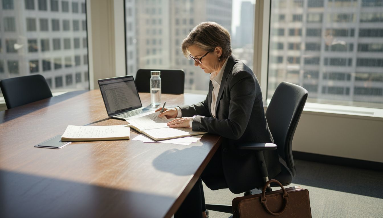 Compliance manager reviews audit checklist in office