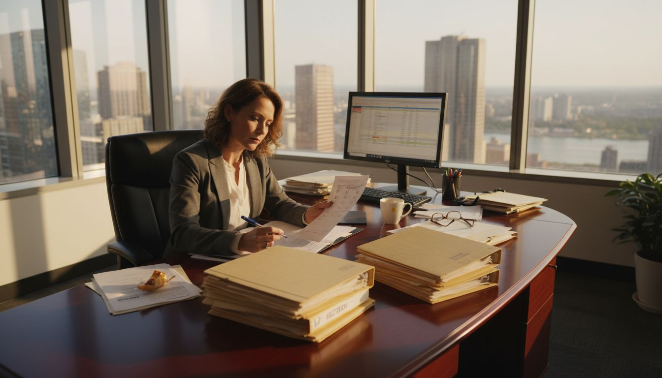 Compliance manager reviewing regulatory checklist at desk