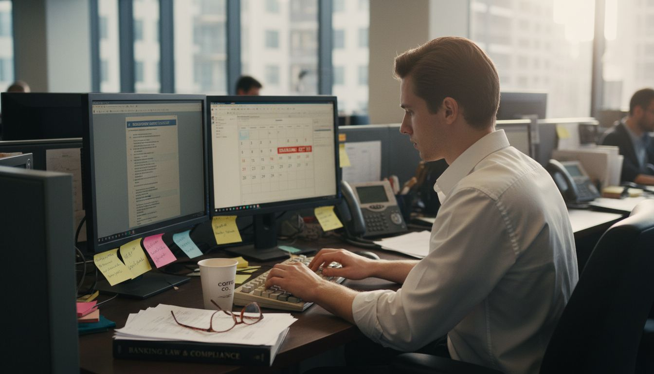 Analyst working on compliance checklist at desk