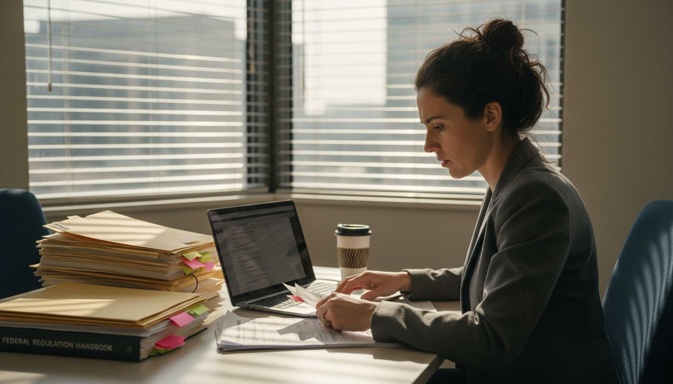 Compliance officer with regulatory paperwork at office desk