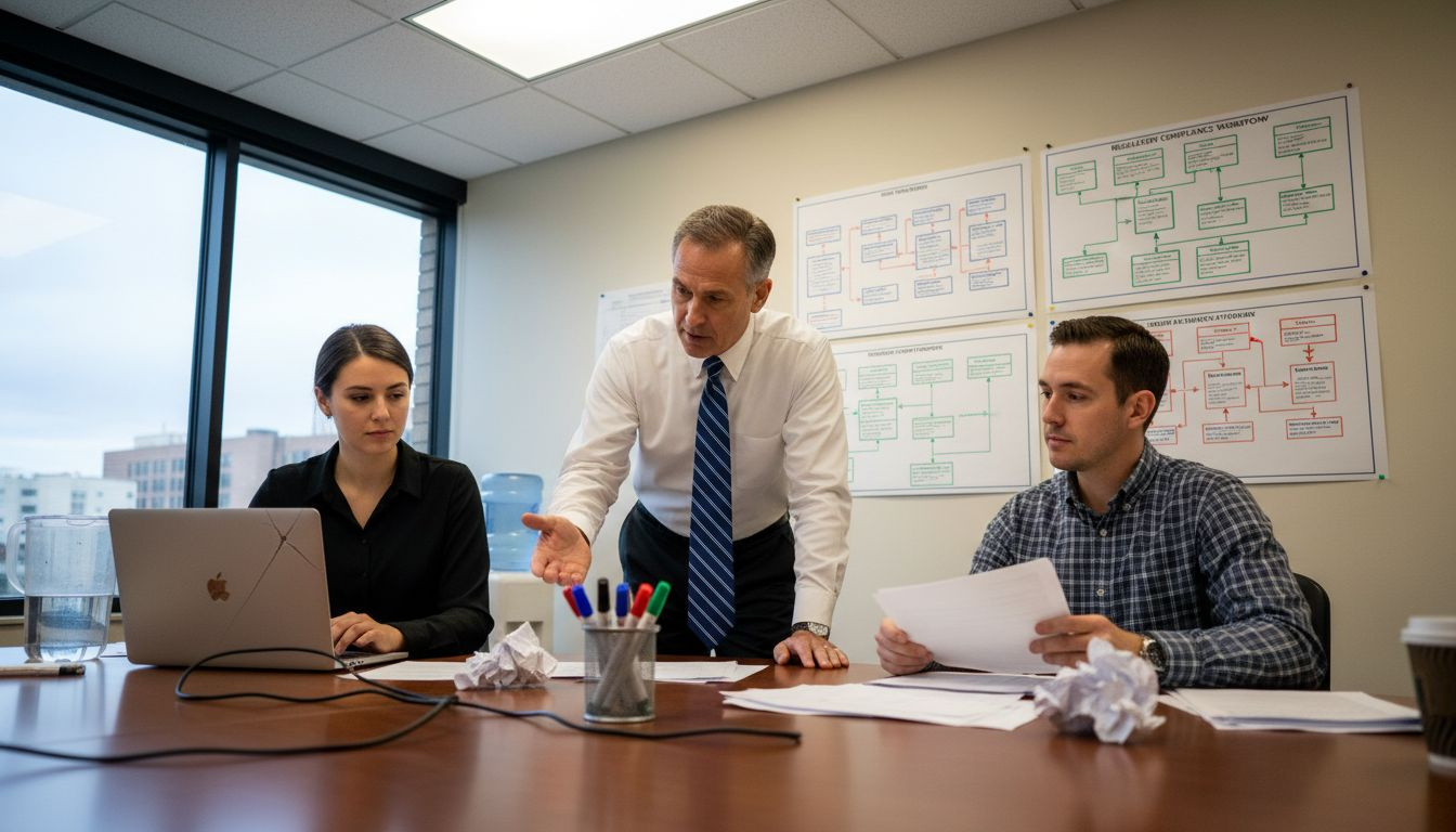 Team discussing compliance flowcharts in meeting room