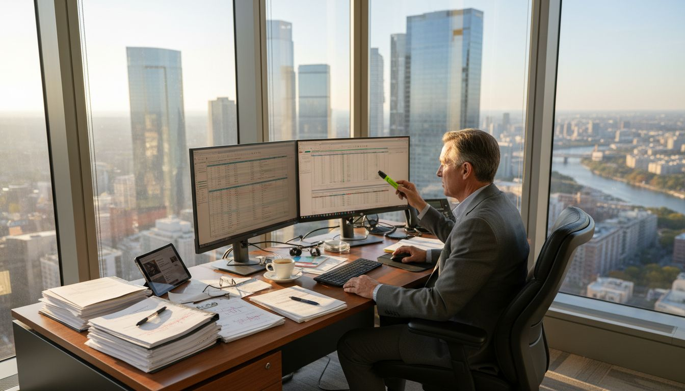 Executive reviews risk management spreadsheet