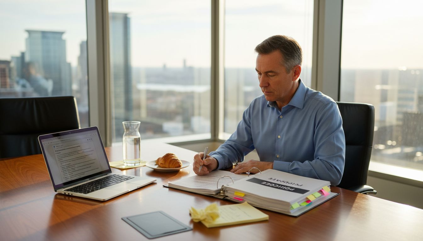 Officer reviewing compliance policies in office