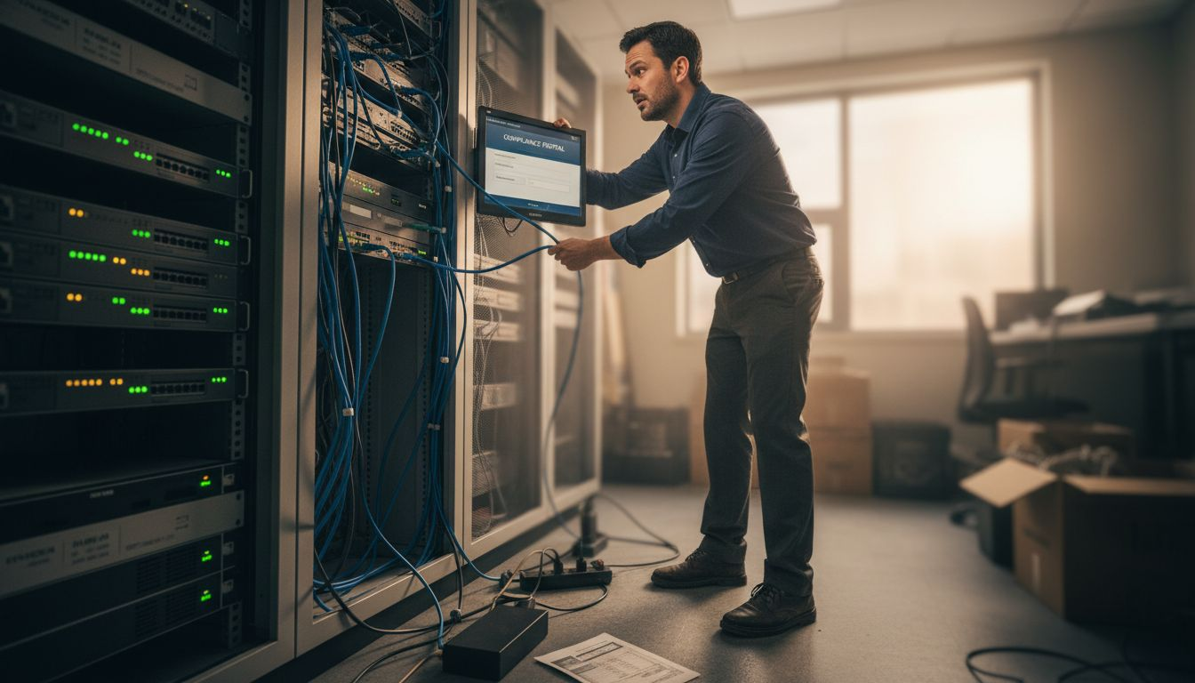 Manager checking compliance portal near servers