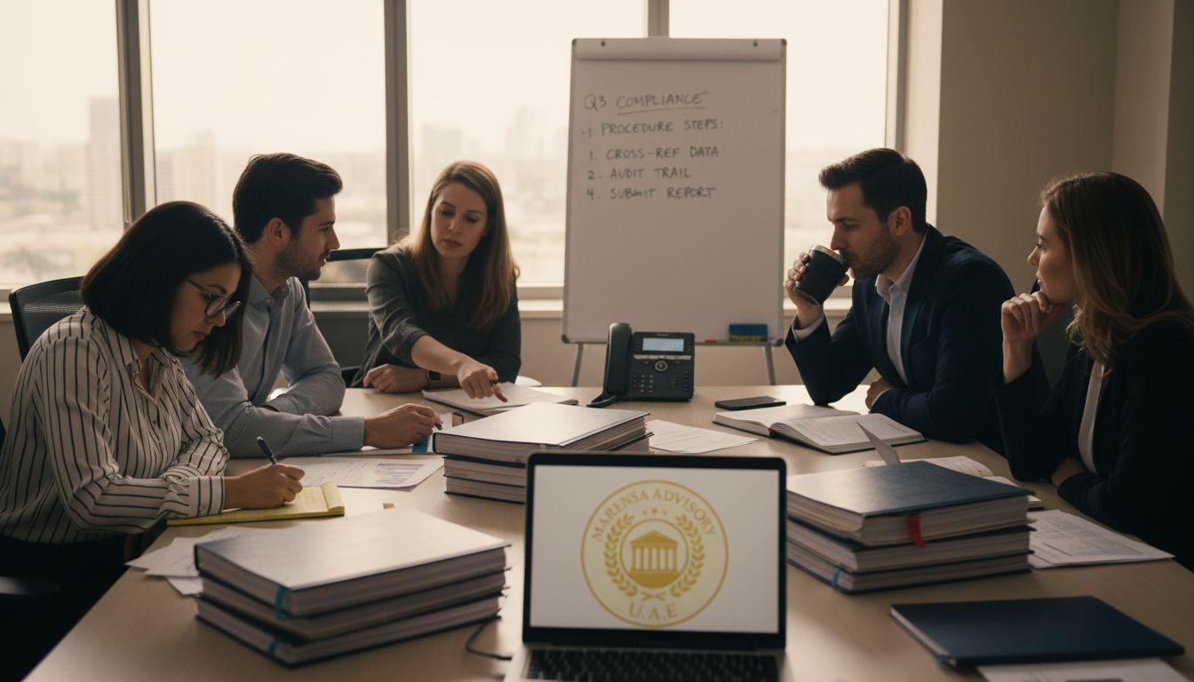 Team reviews compliance procedures in meeting