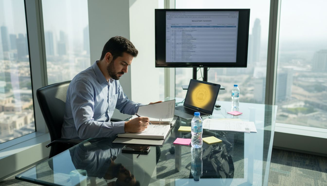 Compliance officer reviews UAE regulatory documents