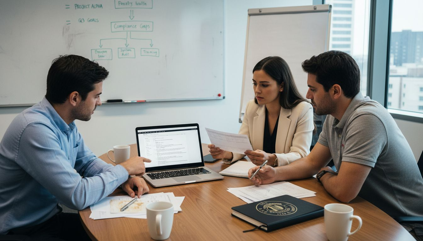Team discusses risk assessment at conference table
