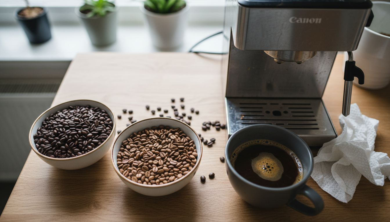 Na blacie rozsypane są ziarna kawy arabica i robusta.