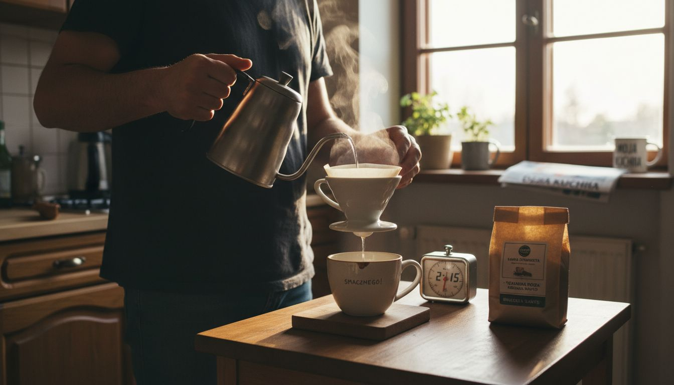 Przy kuchennym blacie mężczyzna przygotowuje sobie świeżą kawę.