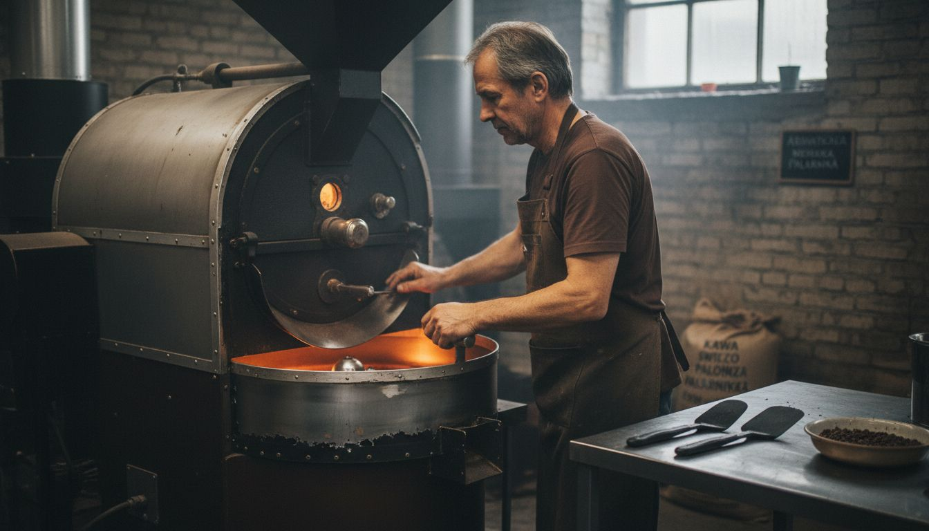 Mistrz palenia czuwa nad każdym etapem wypalania kawowych ziaren, dbając o ich idealny smak i aromat.