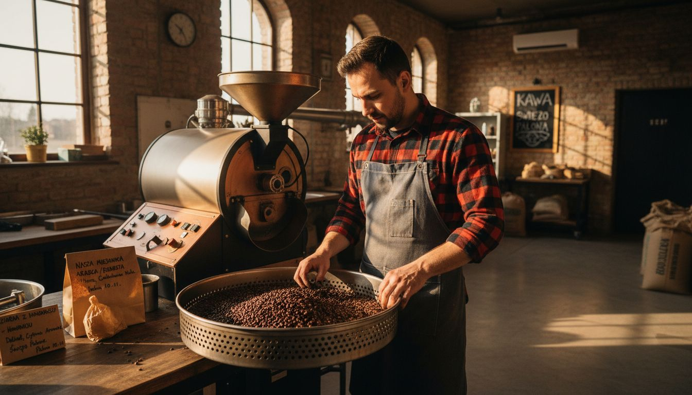 Barista wypala świeże ziarna kawy w niewielkiej, lokalnej palarni.