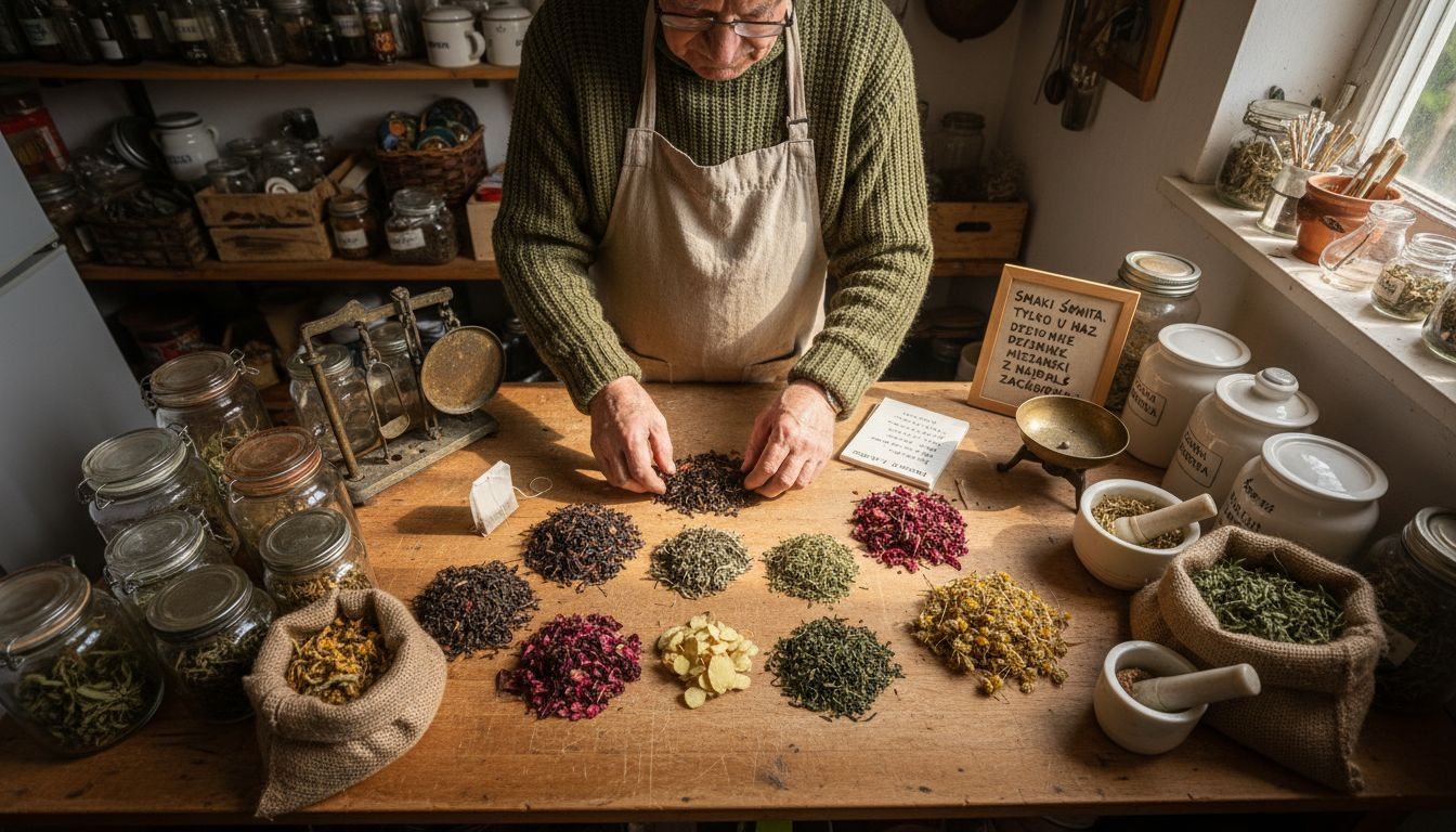Mężczyzna starannie segreguje różne rodzaje liści herbaty na kuchennym blacie.