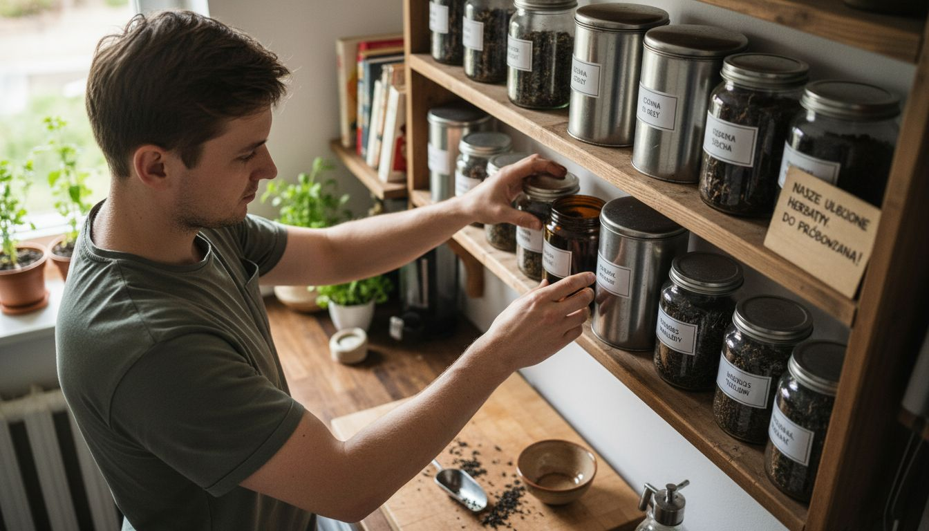 Mężczyzna przesypuje liściastą herbatę do metalowych puszek, by zachować jej świeżość.