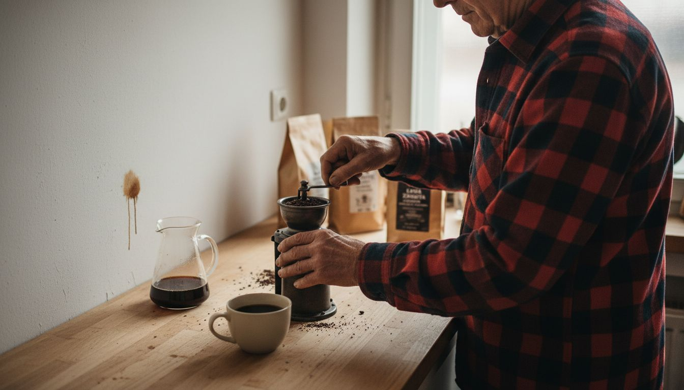 Mężczyzna własnoręcznie mieli świeżą kawę, ciesząc się jej aromatem.