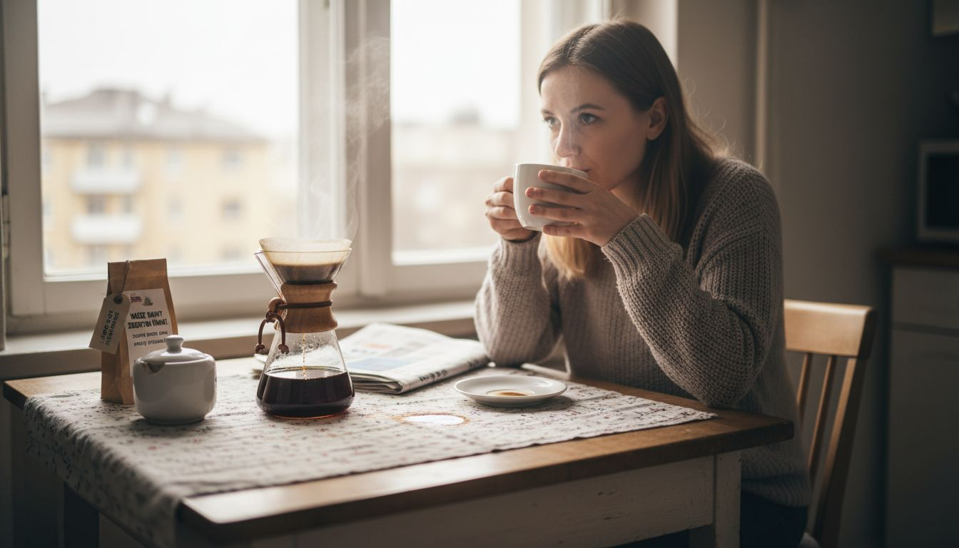 Kobieta delektuje się świeżo paloną kawą w zaciszu własnego domu.