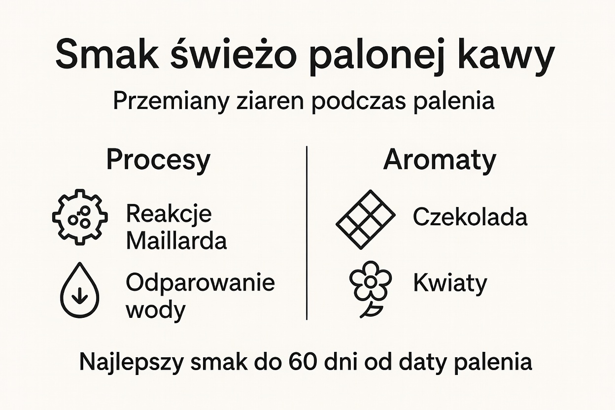 Infografika przedstawiająca, jak zmienia się smak kawy w trakcie jej palenia