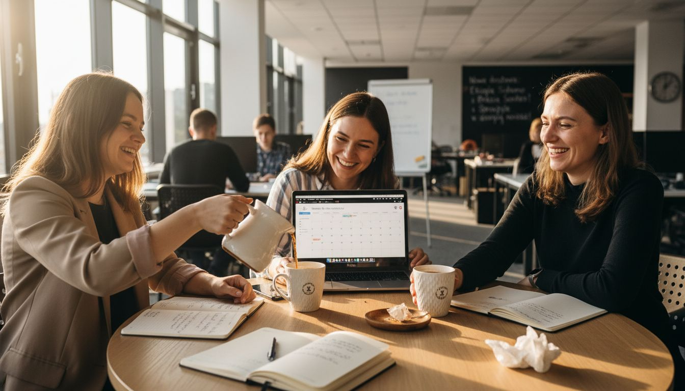 Pracownicy siedzą razem przy stole i rozmawiają podczas przerwy na kawę.