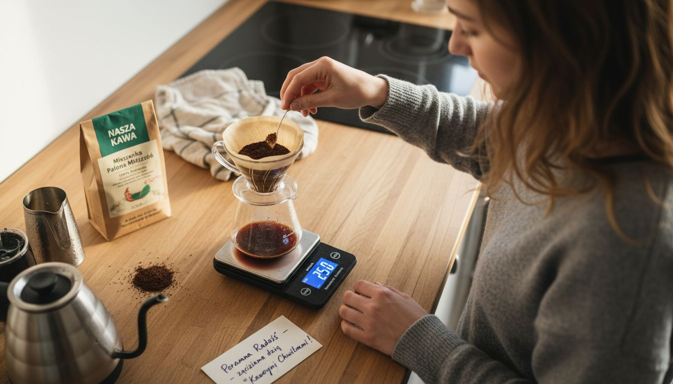 Kobieta pilnuje, żeby kawa miała właściwe proporcje i była odpowiednio ciepła.