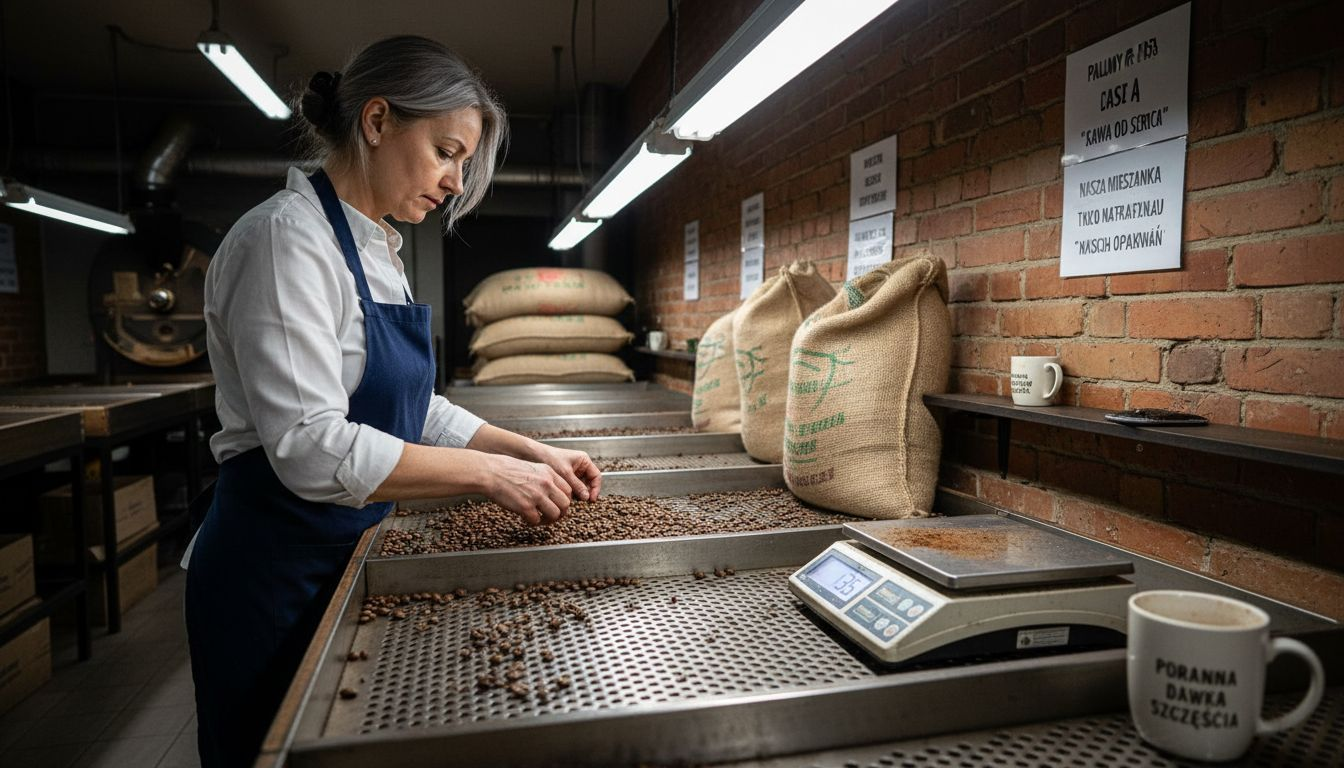 Kobieta starannie przebiera ziarna najwyższej jakości kawy.