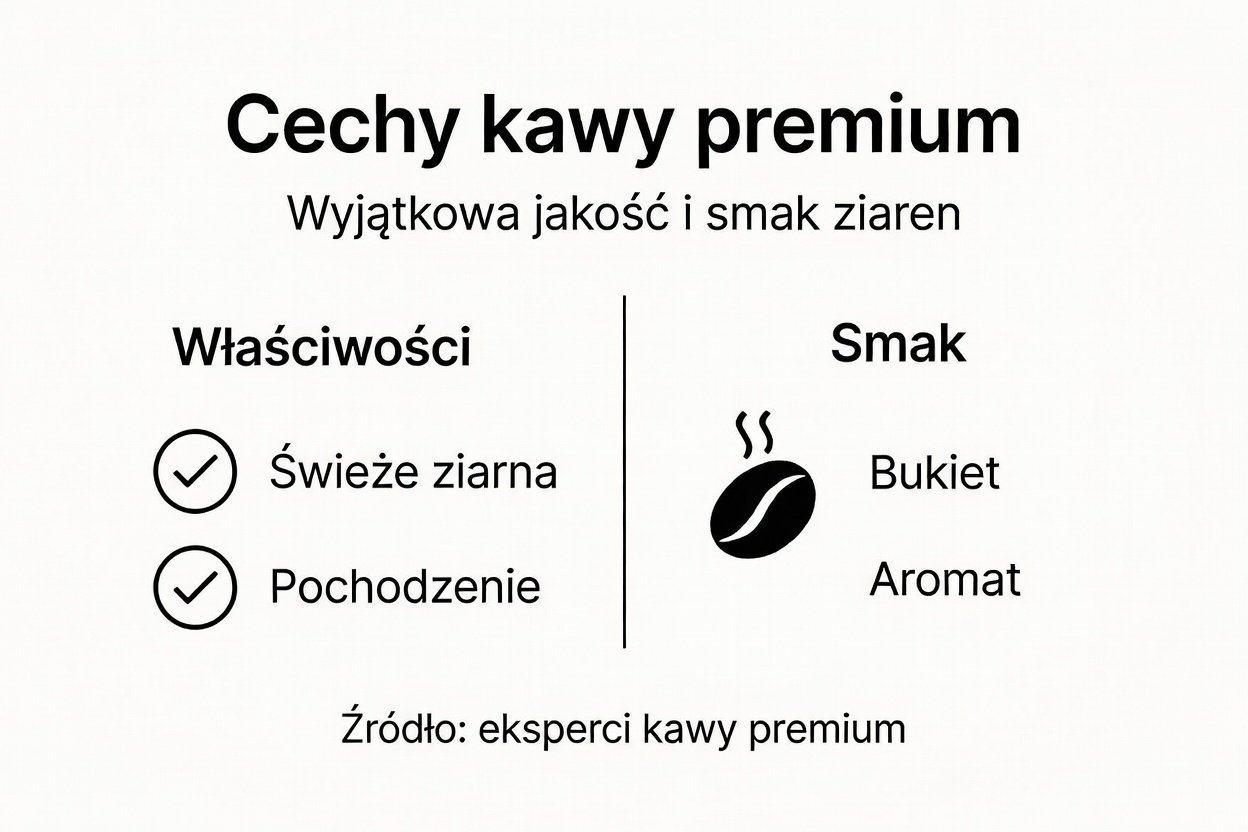 Infografika prezentująca najważniejsze cechy kawy premium, ze szczególnym podkreśleniem jej świeżości.