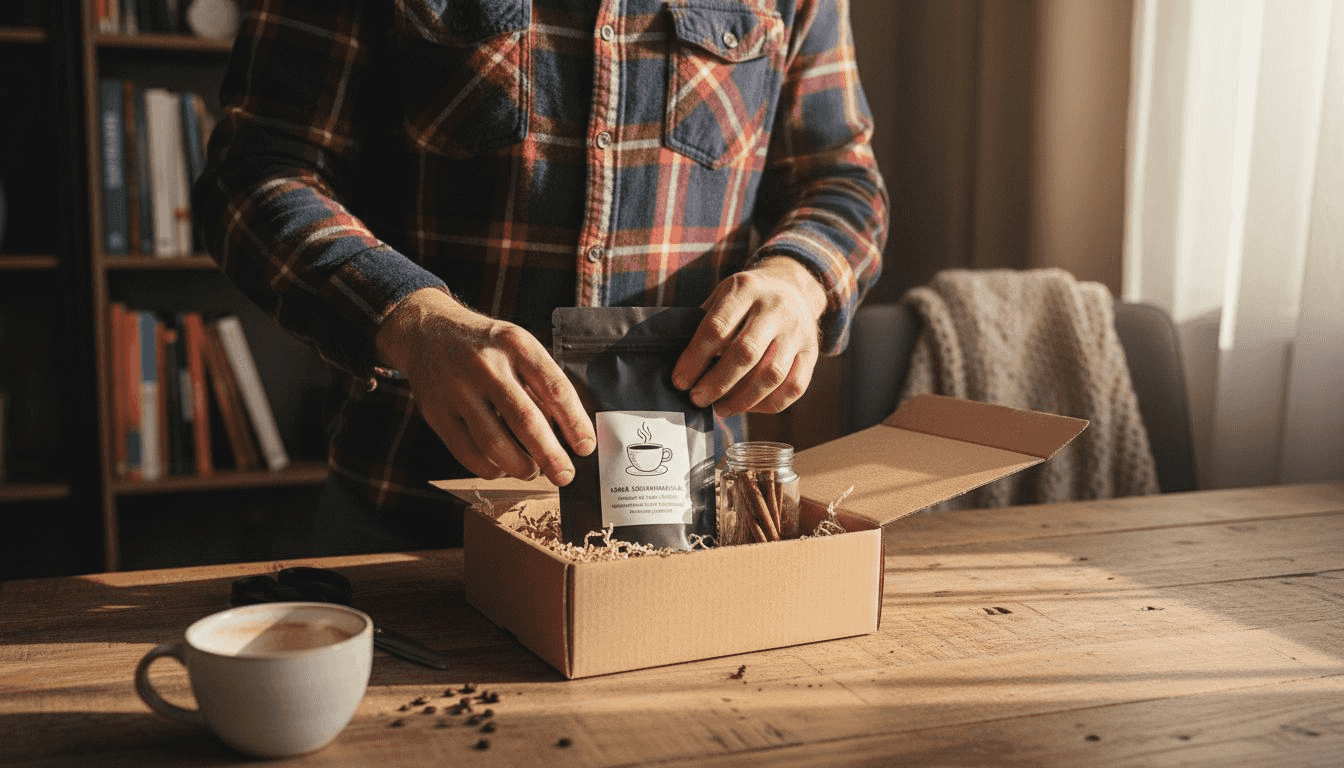 Mężczyzna przygotowuje elegancki zestaw prezentowy z kawą i dodatkami