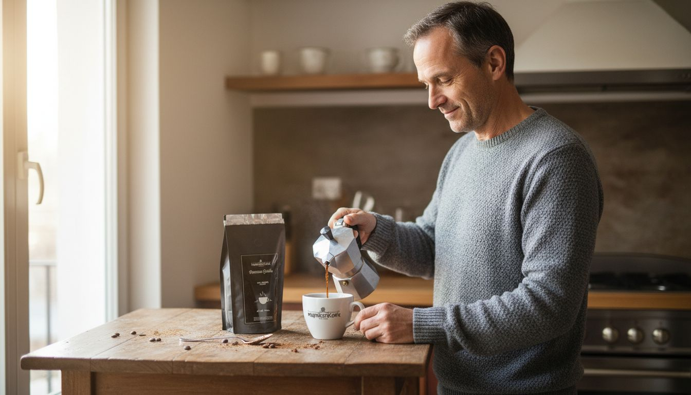 Na stole stoi filiżanka kawy robusta obok metalowej puszki.