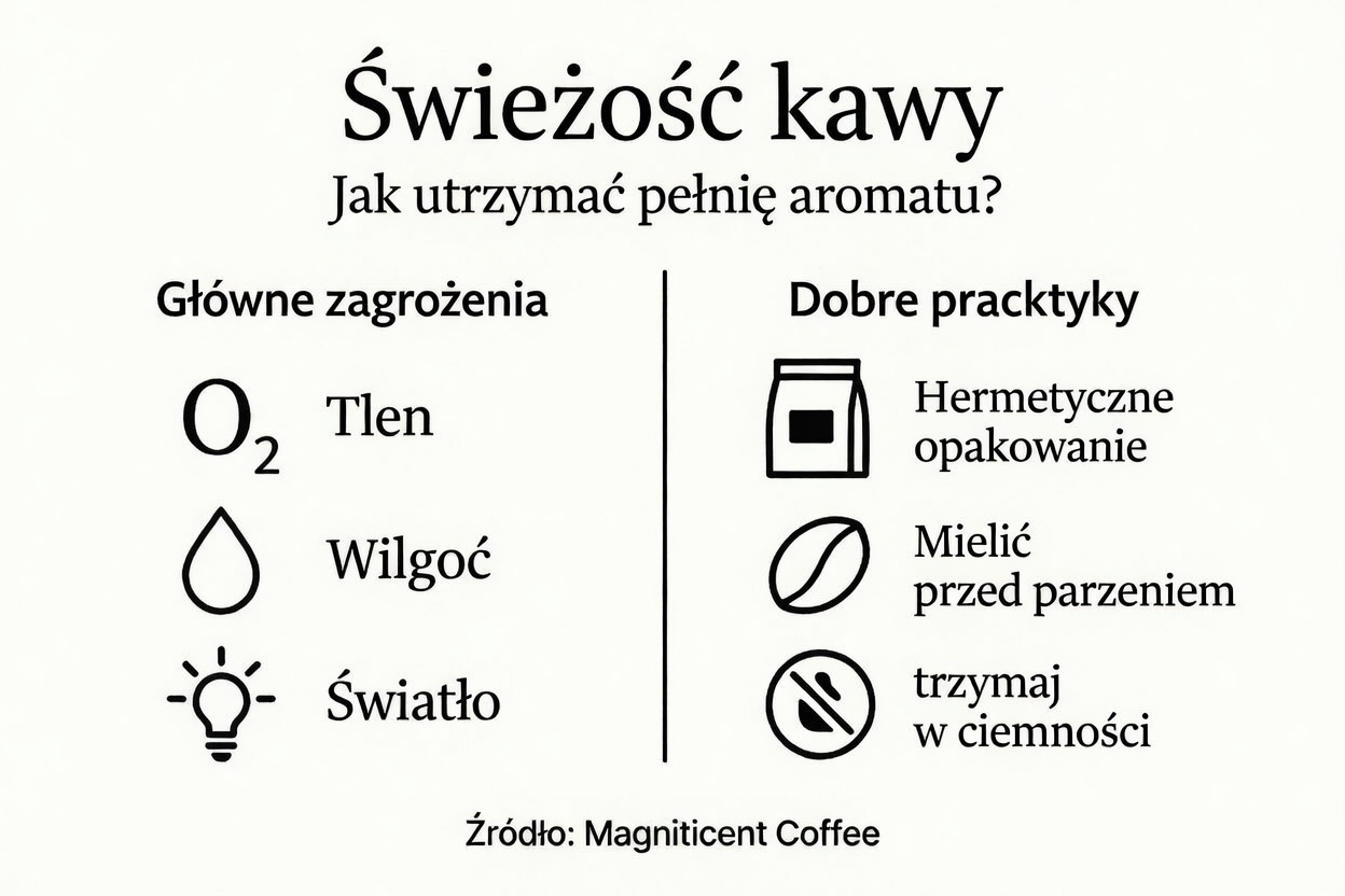 Grafika przedstawiająca najważniejsze elementy, które decydują o świeżości kawy