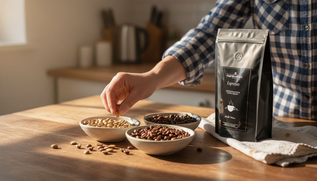 Miseczki wypełnione ziarnami kawy o różnych stopniach palenia