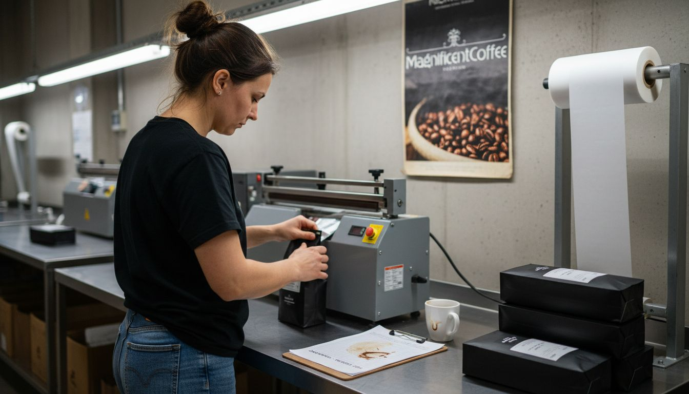 Pracownik starannie zamyka świeżo zapakowane torebki z kawą.