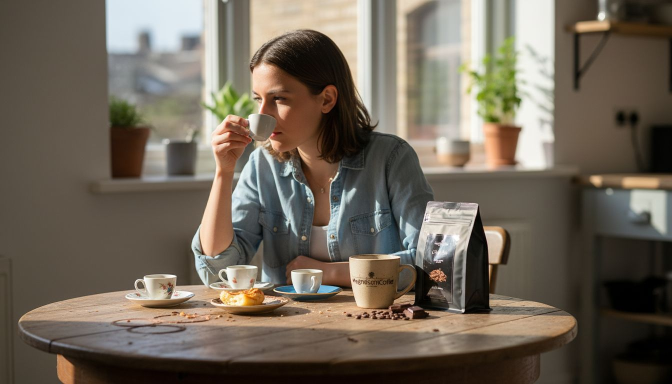Kobieta delektuje się kawą z różnych zakątków świata, odkrywając bogactwo smaków i aromatów.