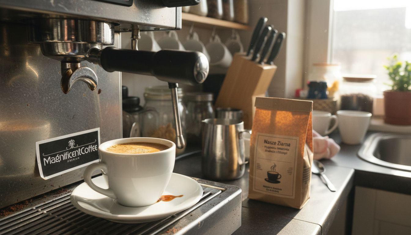 W kuchni właśnie parzę espresso – gęsta, złocista crema pojawia się na powierzchni kawy.