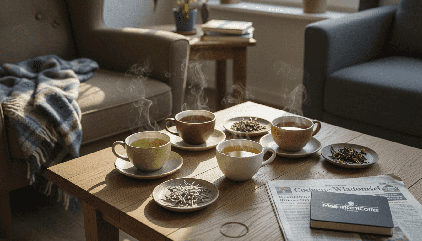 W salonie na stole stoją cztery filiżanki herbaty.